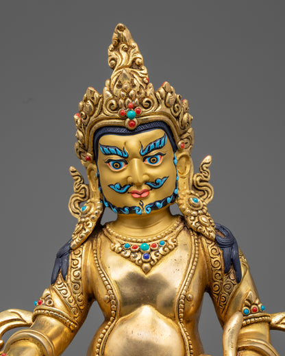 Golden Dzambhala Statue on Lotus Throne – Traditional Buddhist God of Wealth Sculpture