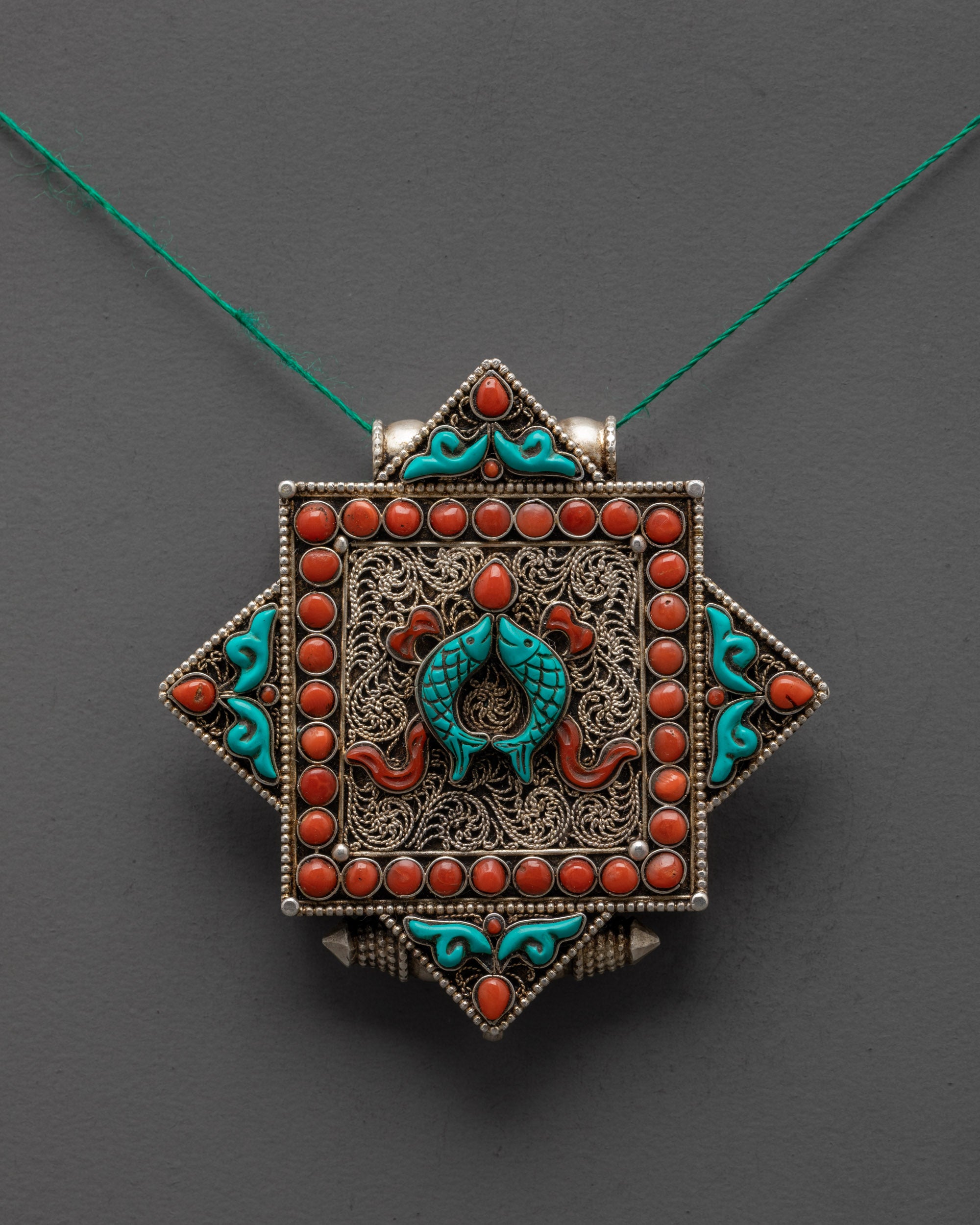 Golden Fish Amulet Locket | Tibetan Prayer Jewelry in Silver