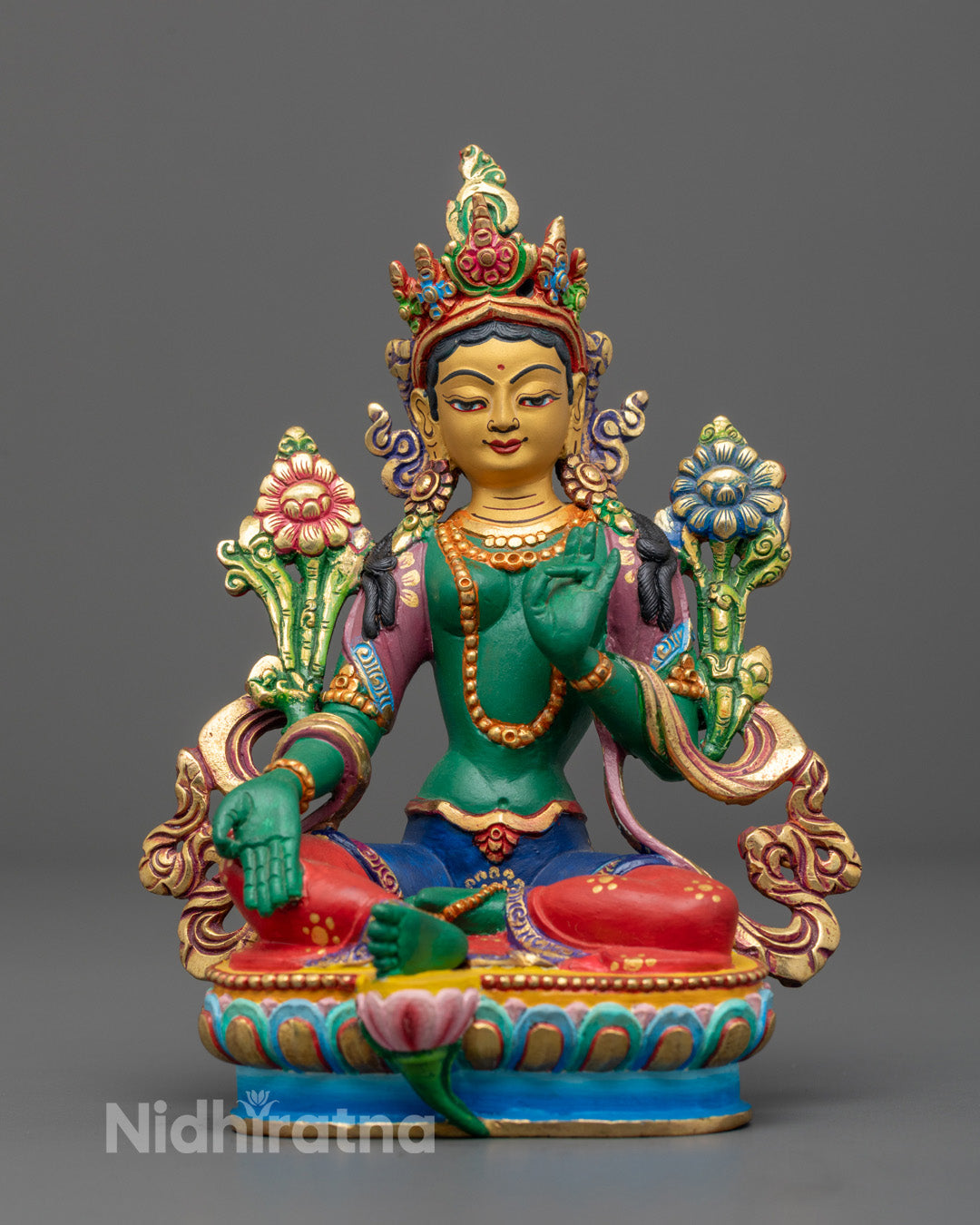 Green-Shade Mother Tara Statue handcrafted with traditional lost wax method featuring 24k gold-plated face and vibrant acrylic colors