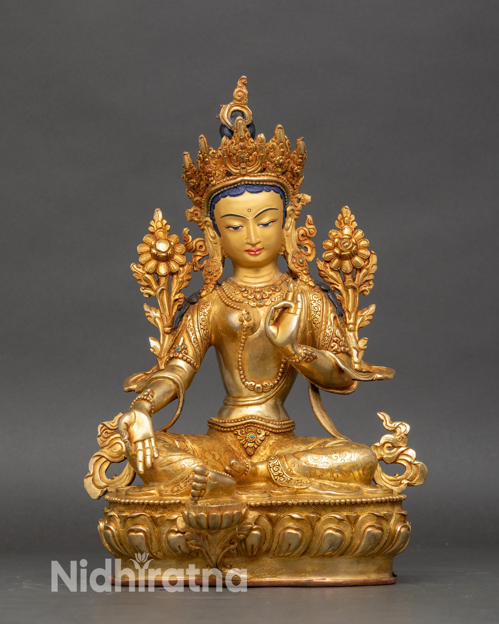Green Tara statue for home altar, handcrafted copper with gold-painted details