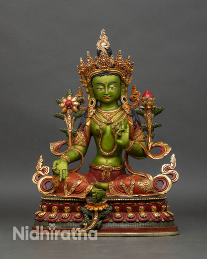 Green Tara statue front view, handcrafted copper with gold-gilded details