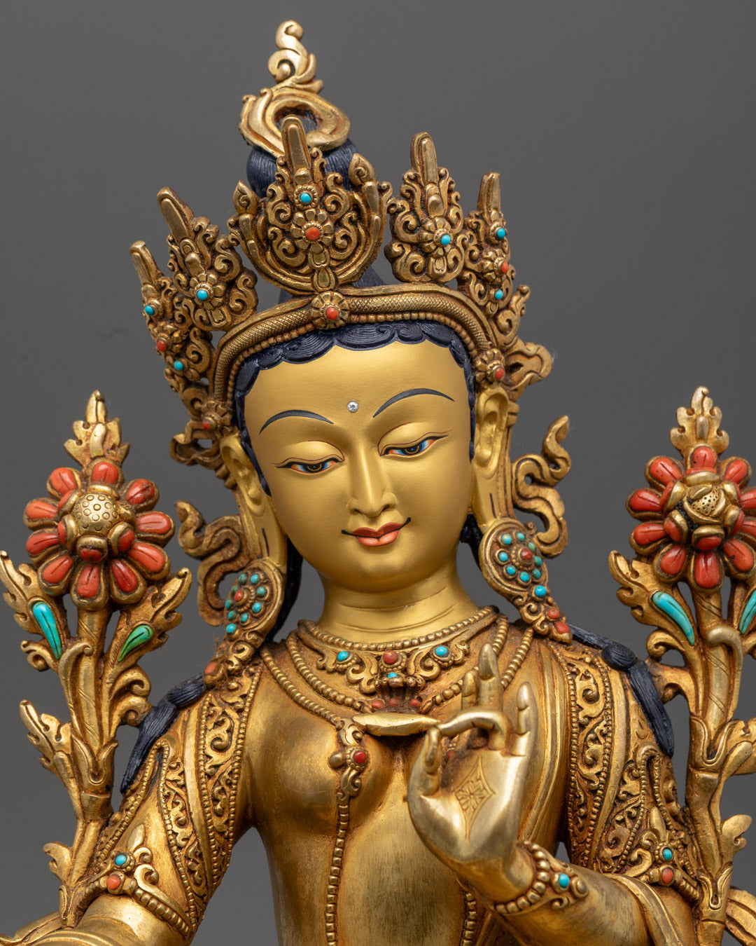 Hand-Carved Green Tara Statue | 24K Gold-Plated Buddhist Deity