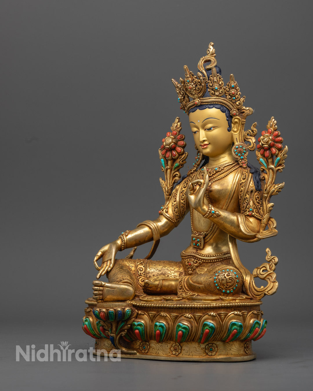 Hand-Carved Green Tara Statue | 24K Gold-Plated Buddhist Deity