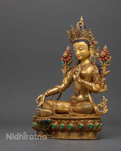 Hand-Carved Green Tara Statue | 24K Gold-Plated Buddhist Deity