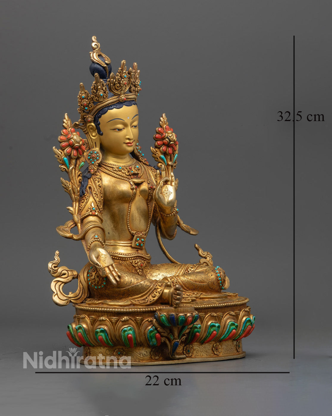 Hand-Carved Green Tara Statue | 24K Gold-Plated Buddhist Deity