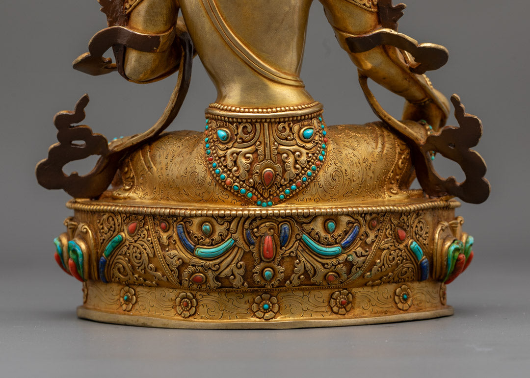 Hand-Carved Green Tara Statue | 24K Gold-Plated Buddhist Deity