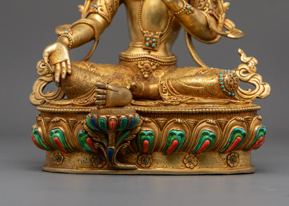 Hand-Carved Green Tara Statue | 24K Gold-Plated Buddhist Deity