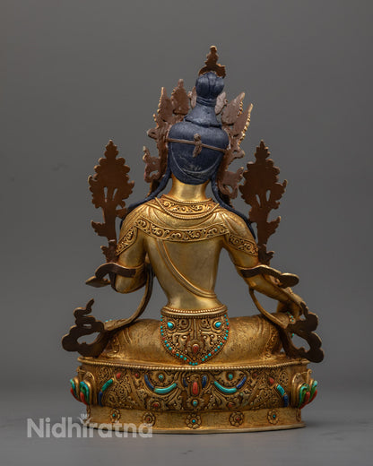 Hand-Carved Green Tara Statue | 24K Gold-Plated Buddhist Deity