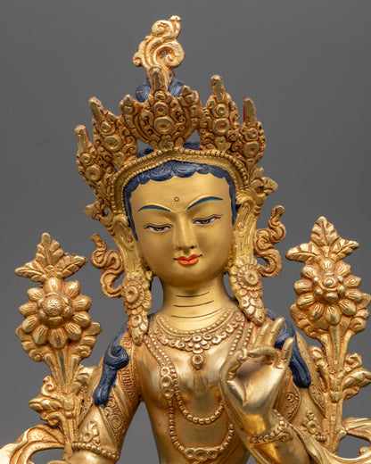Close-up of Green Tara's Serene Face with Acrylic Detail – Symbol of Swift Protection and Wisdom