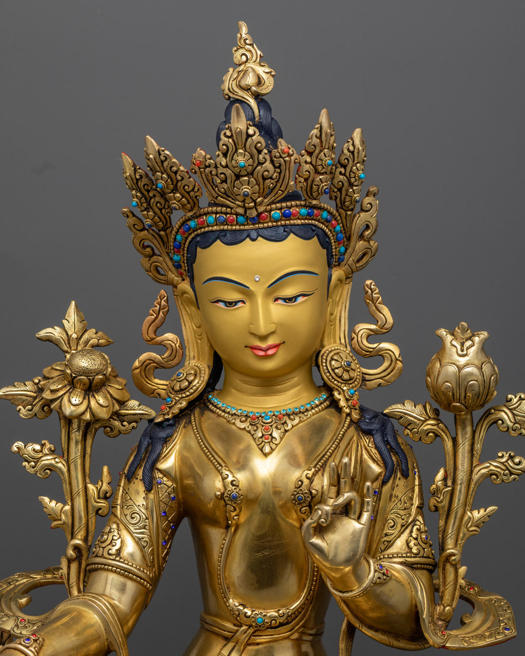 Sacred Green Tara Statue | Gold Gilded Buddhist Deity