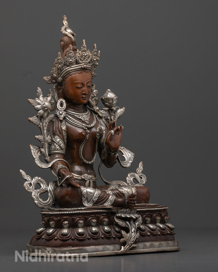 Handmade Green Tara Statue | Oxidized Copper with Silver Finishing