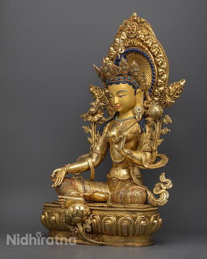 Sacred Green Tara Statue | Gold Gilded Buddhist Deity