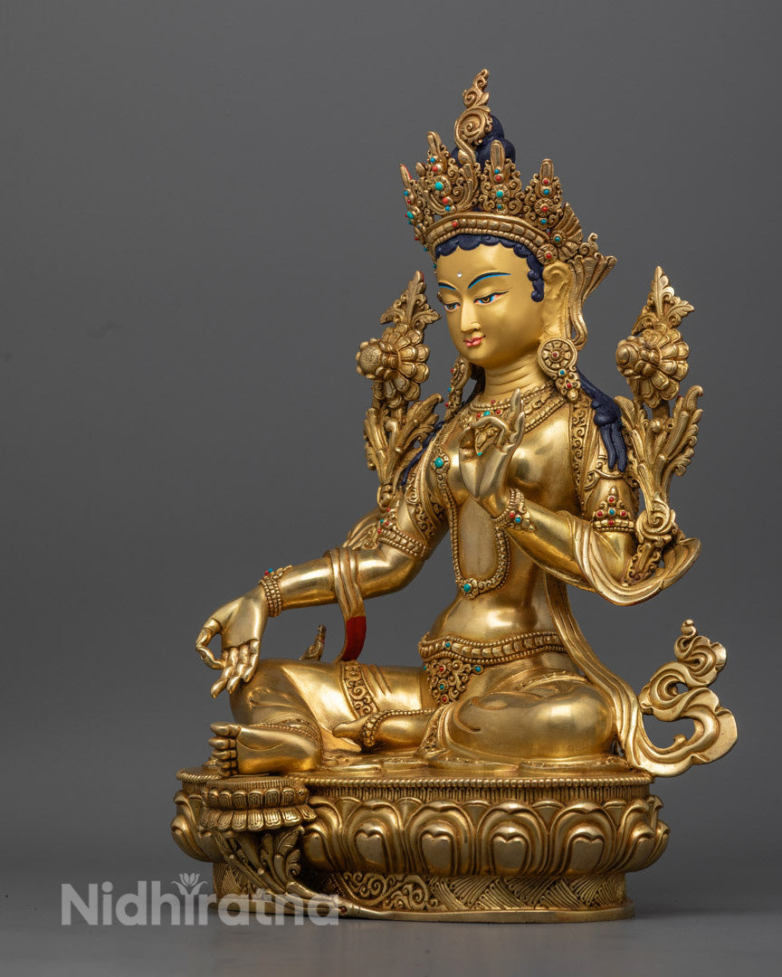 Green Tara Statue | Traditional 24K Gold Gilded Himalayan Sculpture