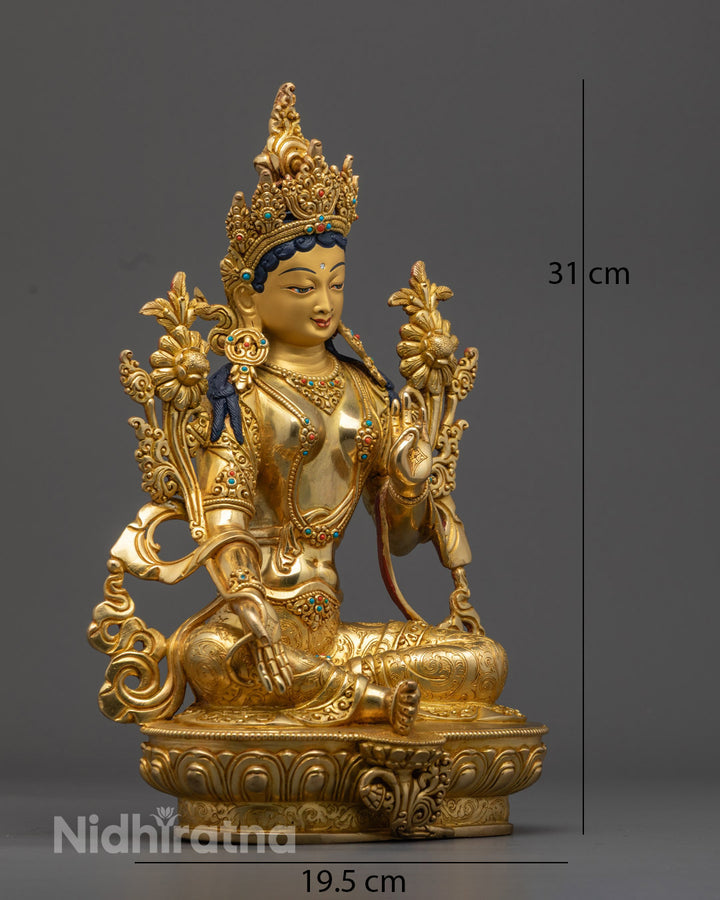 Green Tara Statue | Handmade | 24K Gold Gilded Copper