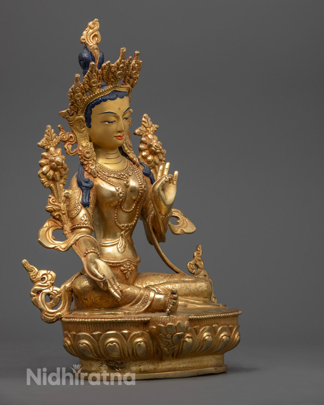 Green Tara Seated on Lotus Throne – Traditional Nepalese Buddhist Sculpture with Mantra Chamber
