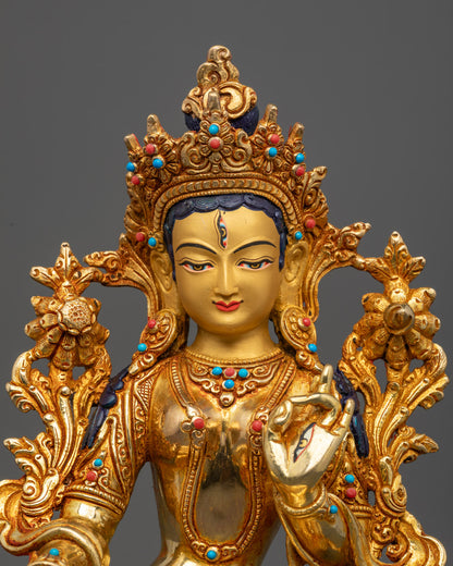 Traditional White Tara Statue | 24K Gold-Plated Goddess