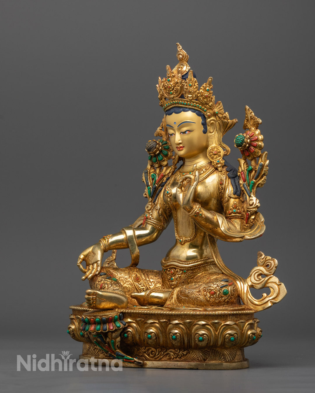 Green Tara Statue | Sacred 24k Gold Gilded Statue