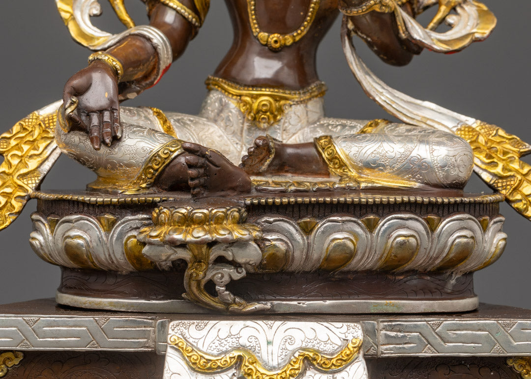 Silver Plated Green Tara Statue | 24k Gold Painted