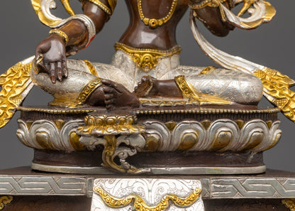Silver Plated Green Tara Statue | 24k Gold Painted