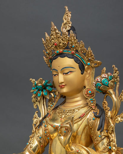 Buddhist Green Tara – Gold Gilded Copper Statue from Nepal