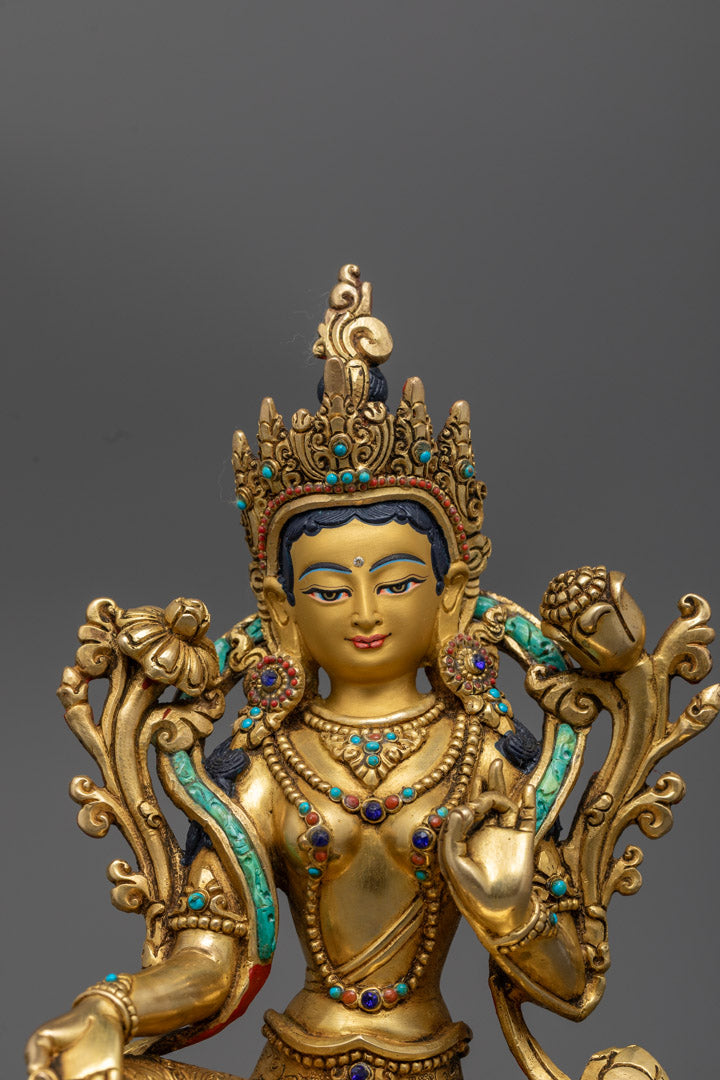 Handcrafted Green Tara Statue in 24K Gold Gilded Copper
