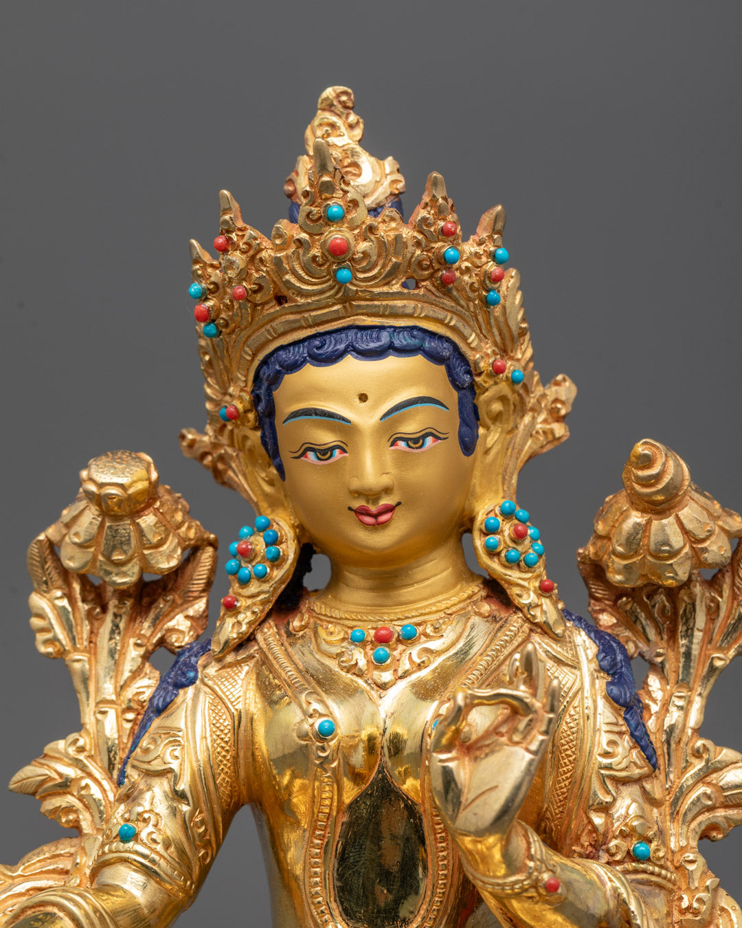 Close Up of Mother Tara Sculpture Showing Detailed Utpala Flower and Mudras