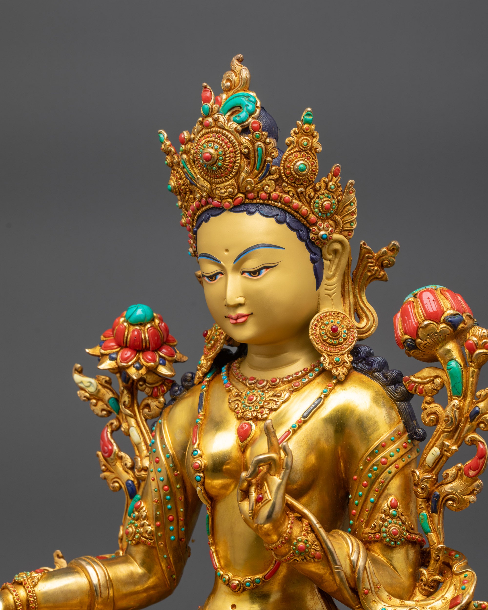 Premium Green Tara Statue | 24K Fire Gold Gilded Goddess of Compassion