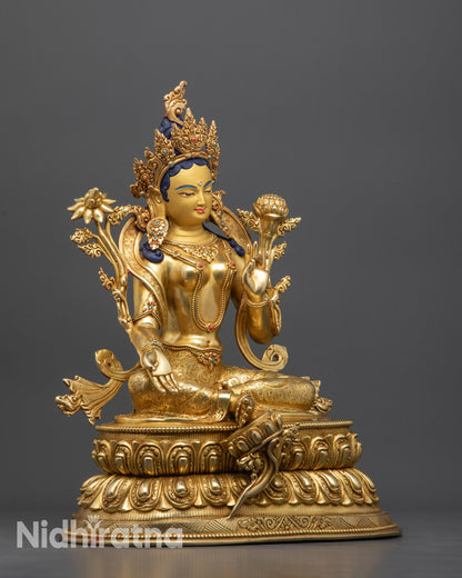 Green Tara Buddha Statue | 24K Gold Gilded with Semi-Precious Stones
