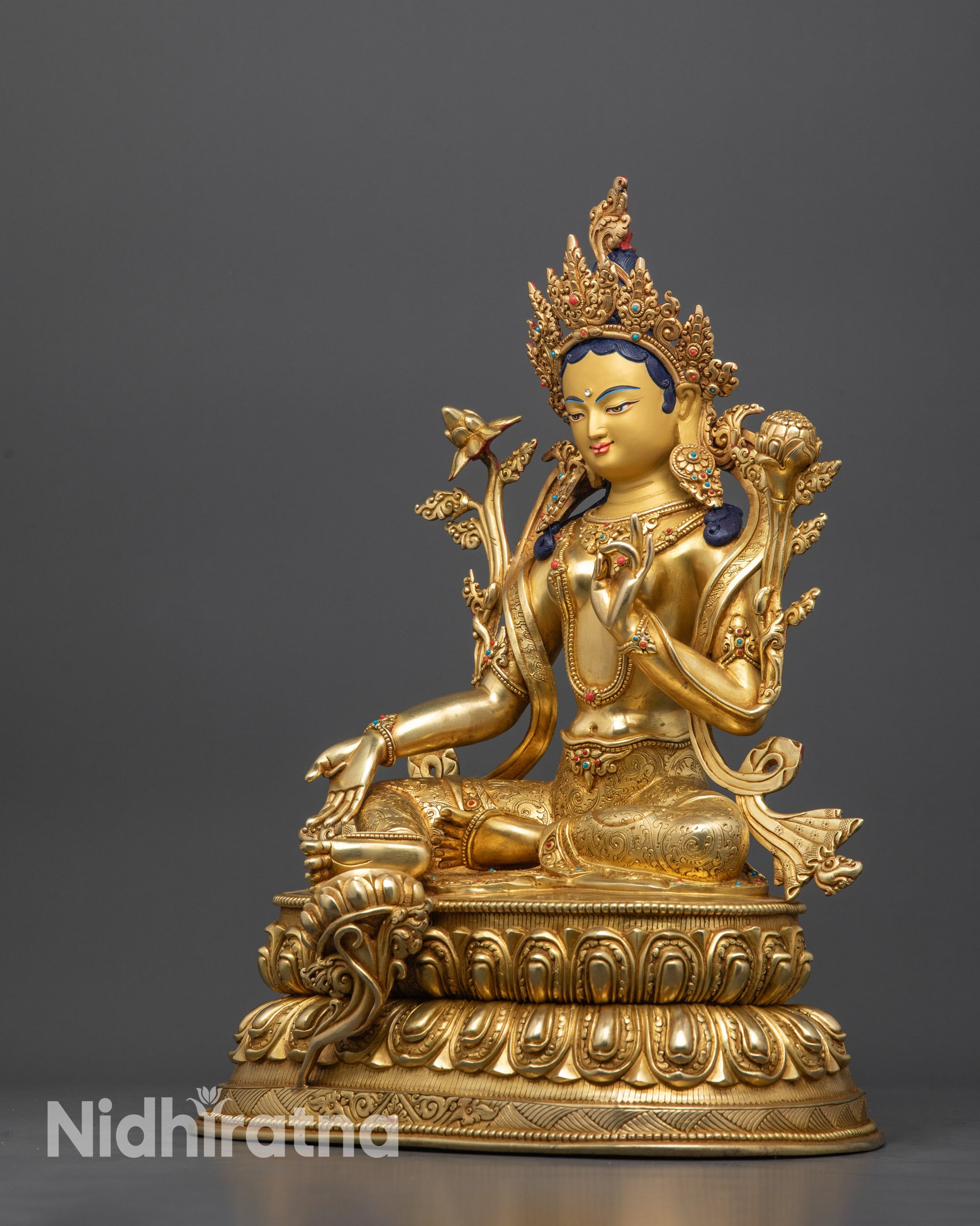 Green Tara Buddha Statue | 24K Gold Gilded with Semi-Precious Stones