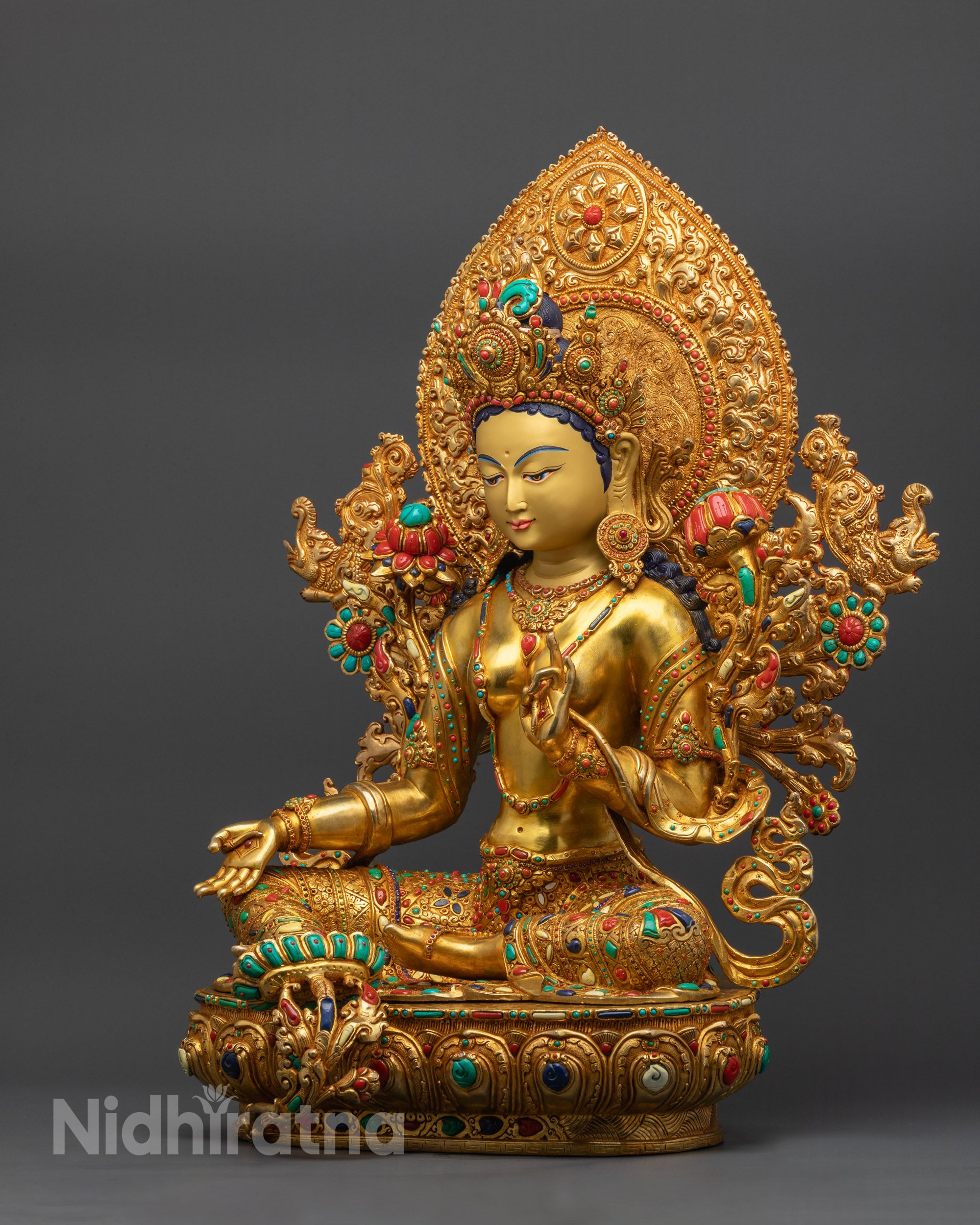 Premium Green Tara Statue | 24K Fire Gold Gilded Goddess of Compassion