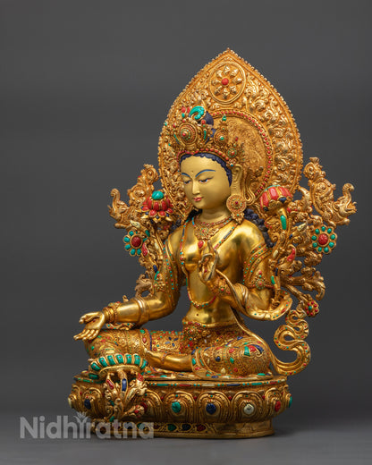Premium Green Tara Statue | 24K Fire Gold Gilded Goddess of Compassion