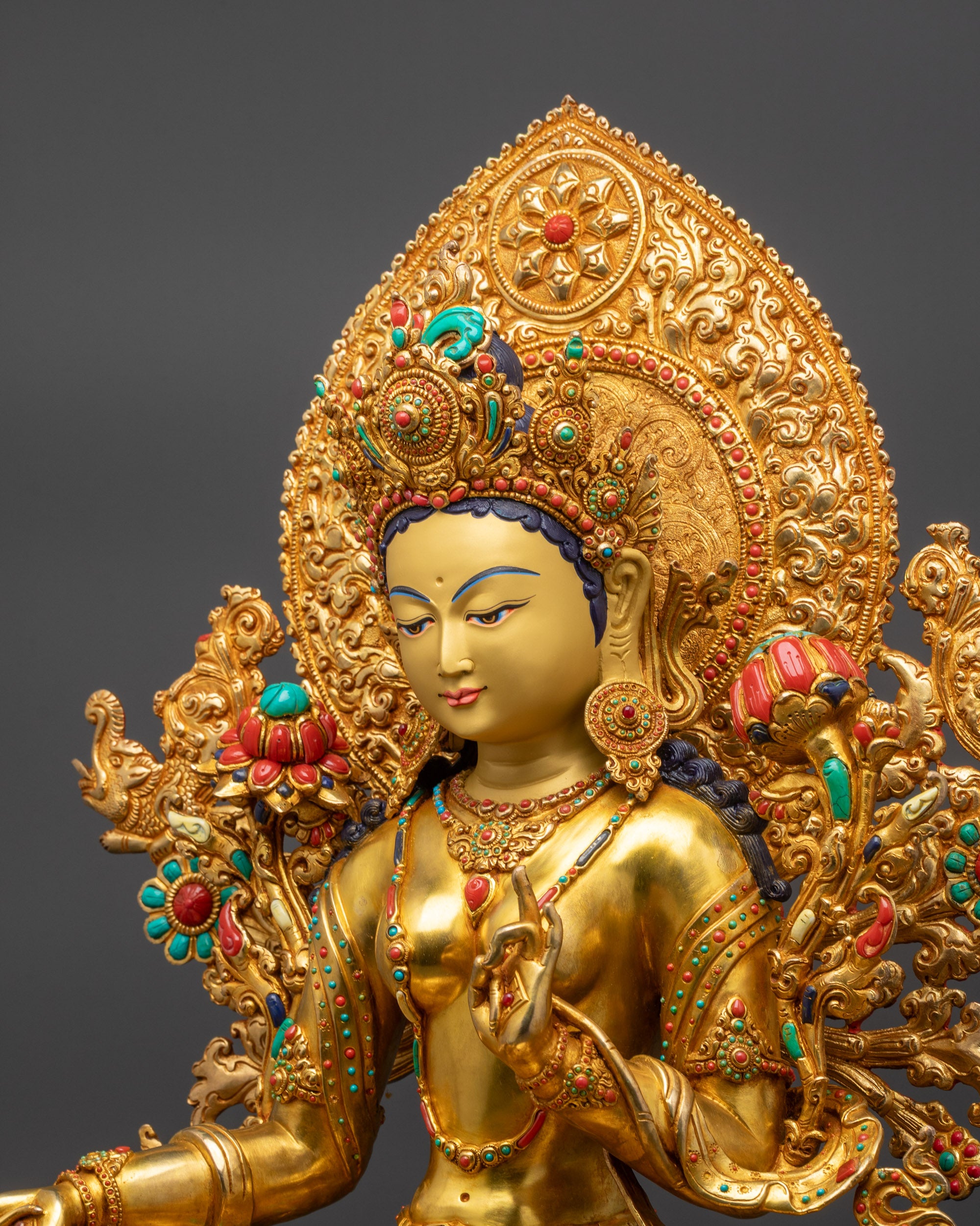 Premium Green Tara Statue | 24K Fire Gold Gilded Goddess of Compassion