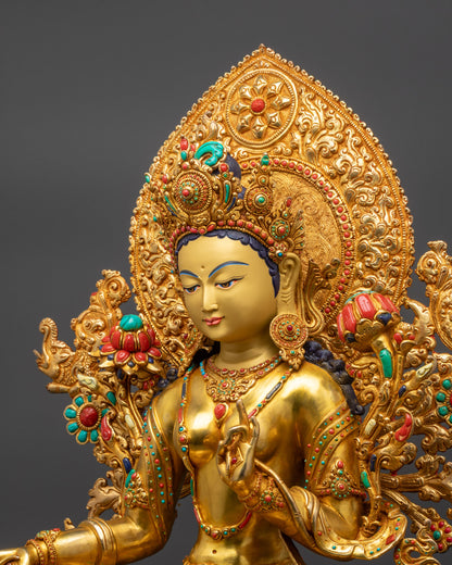 Premium Green Tara Statue | 24K Fire Gold Gilded Goddess of Compassion