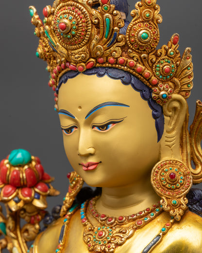 Premium Green Tara Statue | 24K Fire Gold Gilded Goddess of Compassion