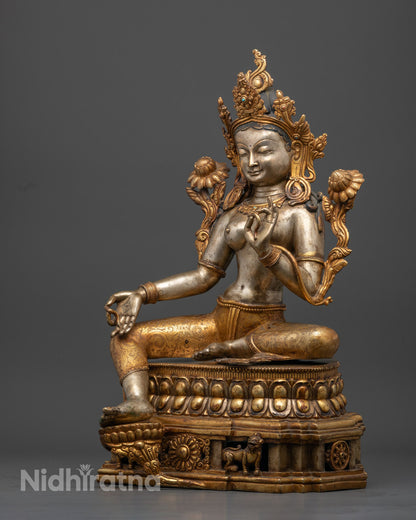 Silver-Plated Tibetan Green Tara Statue