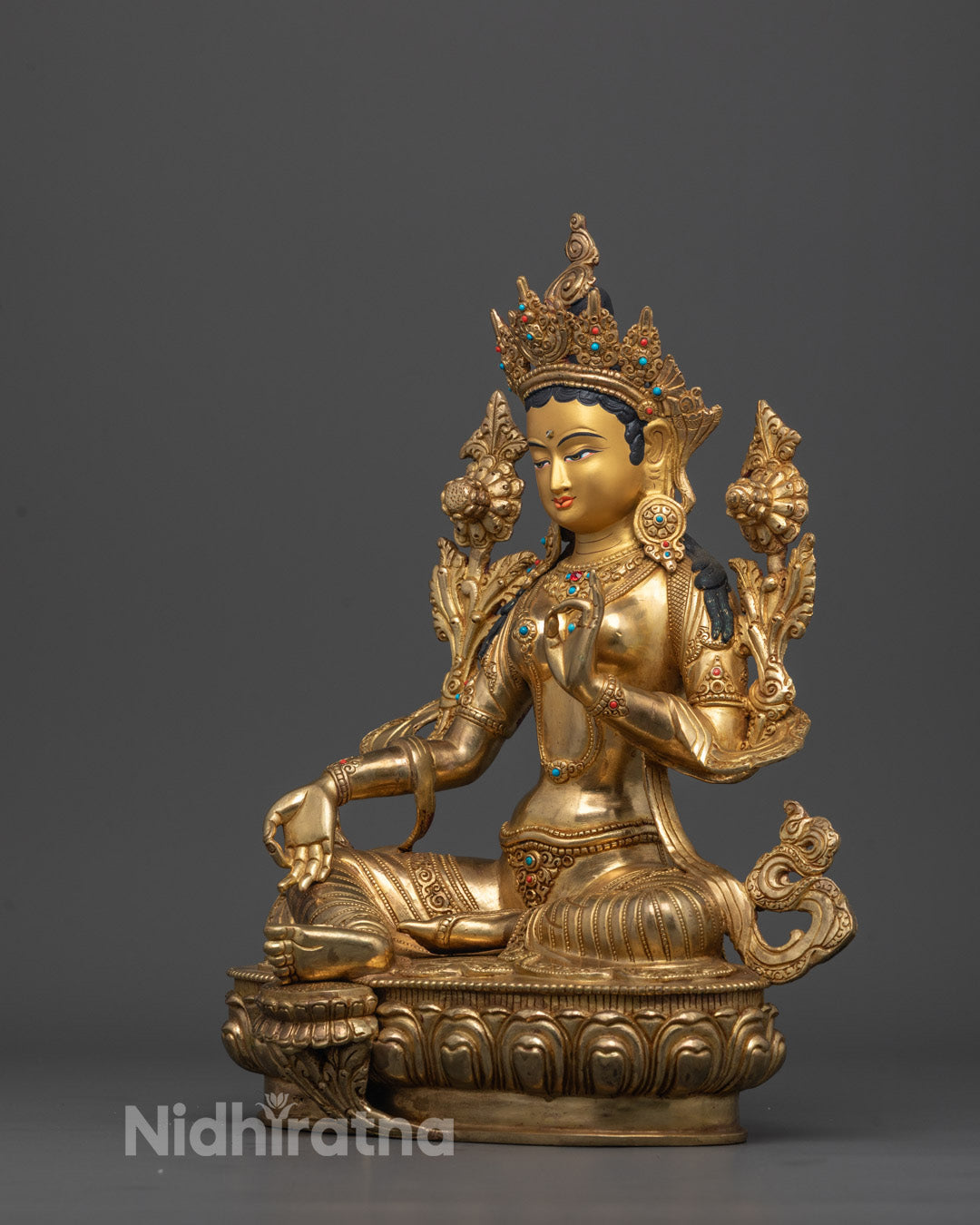 Peaceful Buddhist Green Tara Statue | 24k Gold Fire Gilded