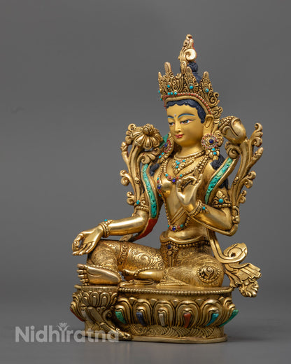 Handcrafted Green Tara Statue in 24K Gold Gilded Copper