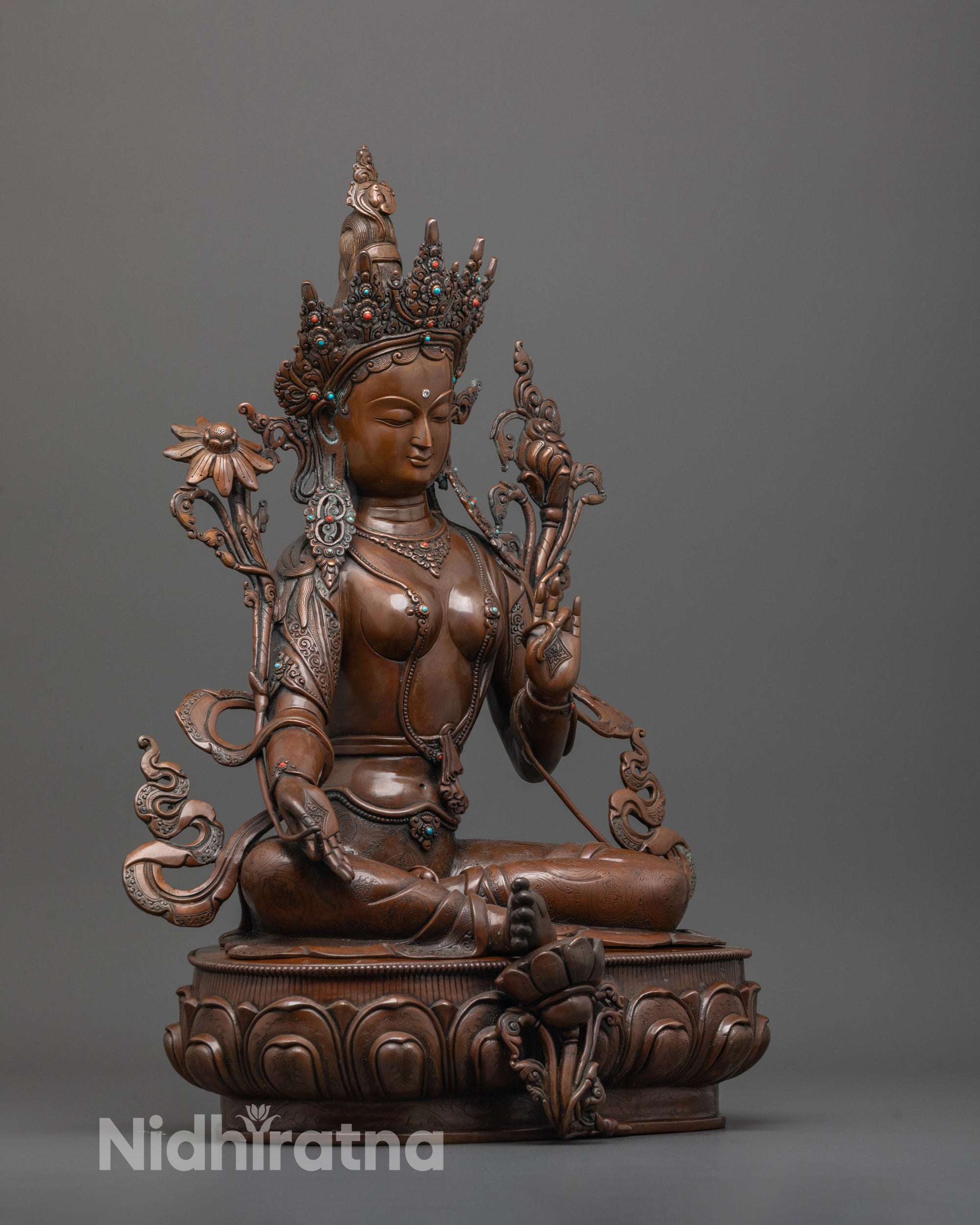 Buddhist Green Tara Statue | Artisan-Oxidized Copper Sculpture