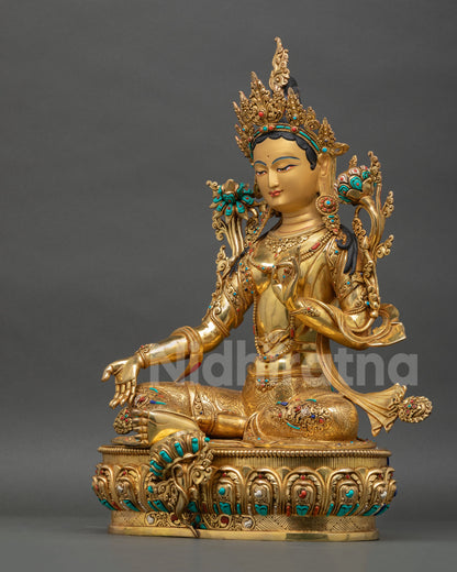 Buddhist Green Tara – Gold Gilded Copper Statue from Nepal