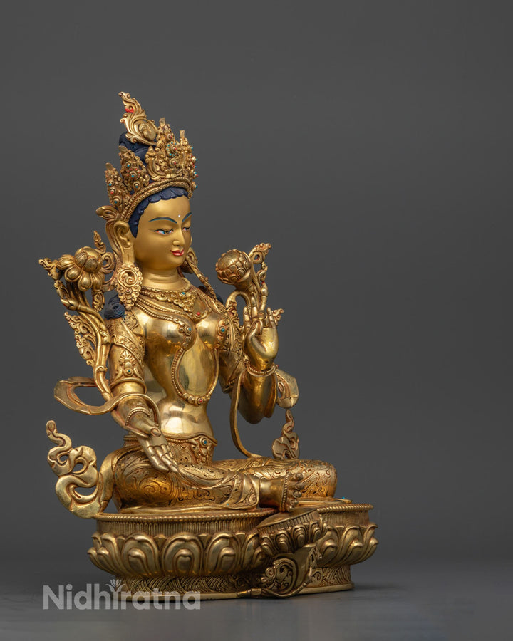 Green Tara Statue | 24K Gold Gilded Buddhist Goddess Sculpture