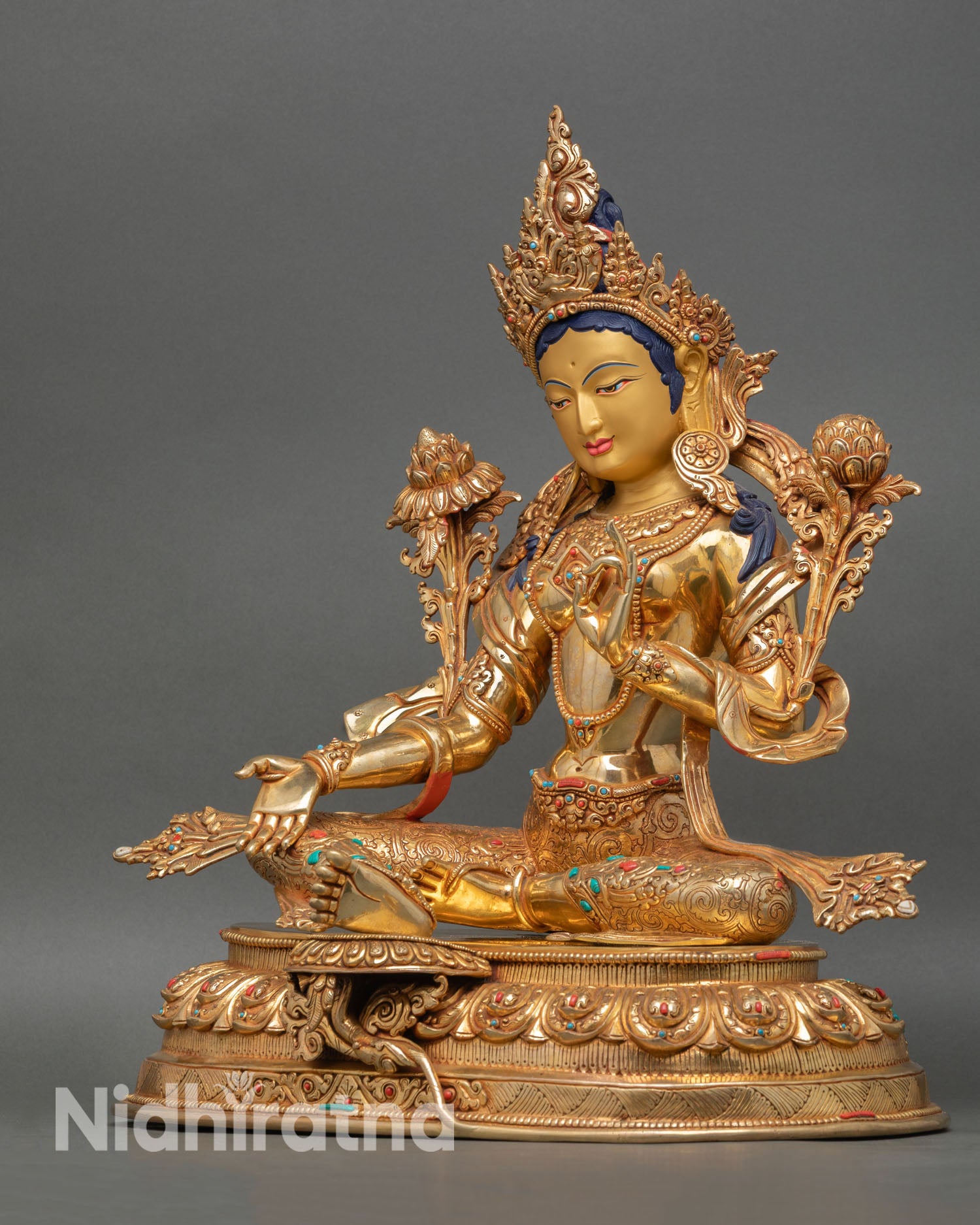 Green Tara Statue | Gold Finish Himalayan Artwork