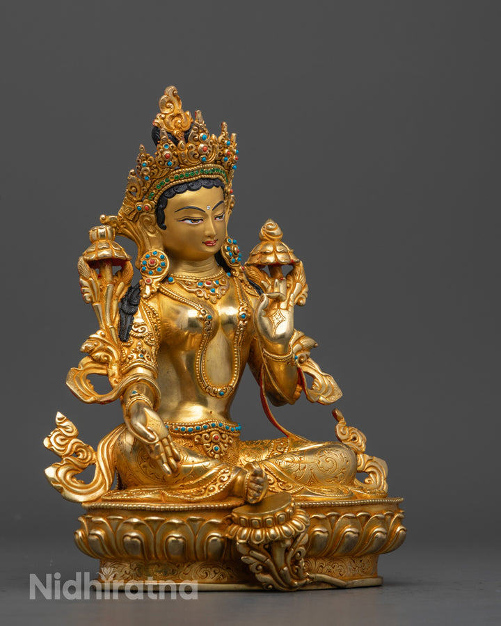 Green Tara Statue | Handcrafted Gold Gilded Tibetan Goddess