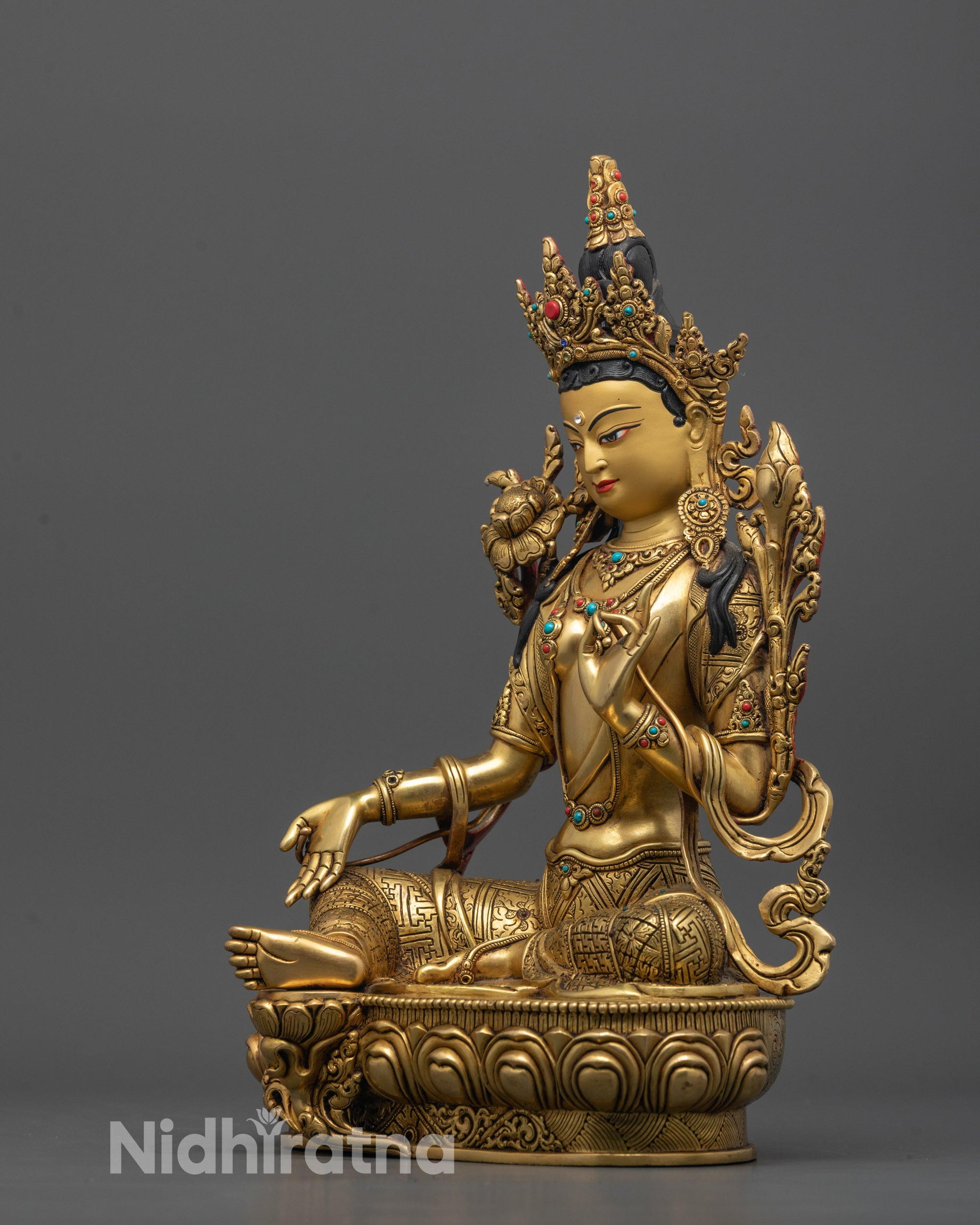 24k Gold Gilded Green Tara Statue | Handmade Copper Statue