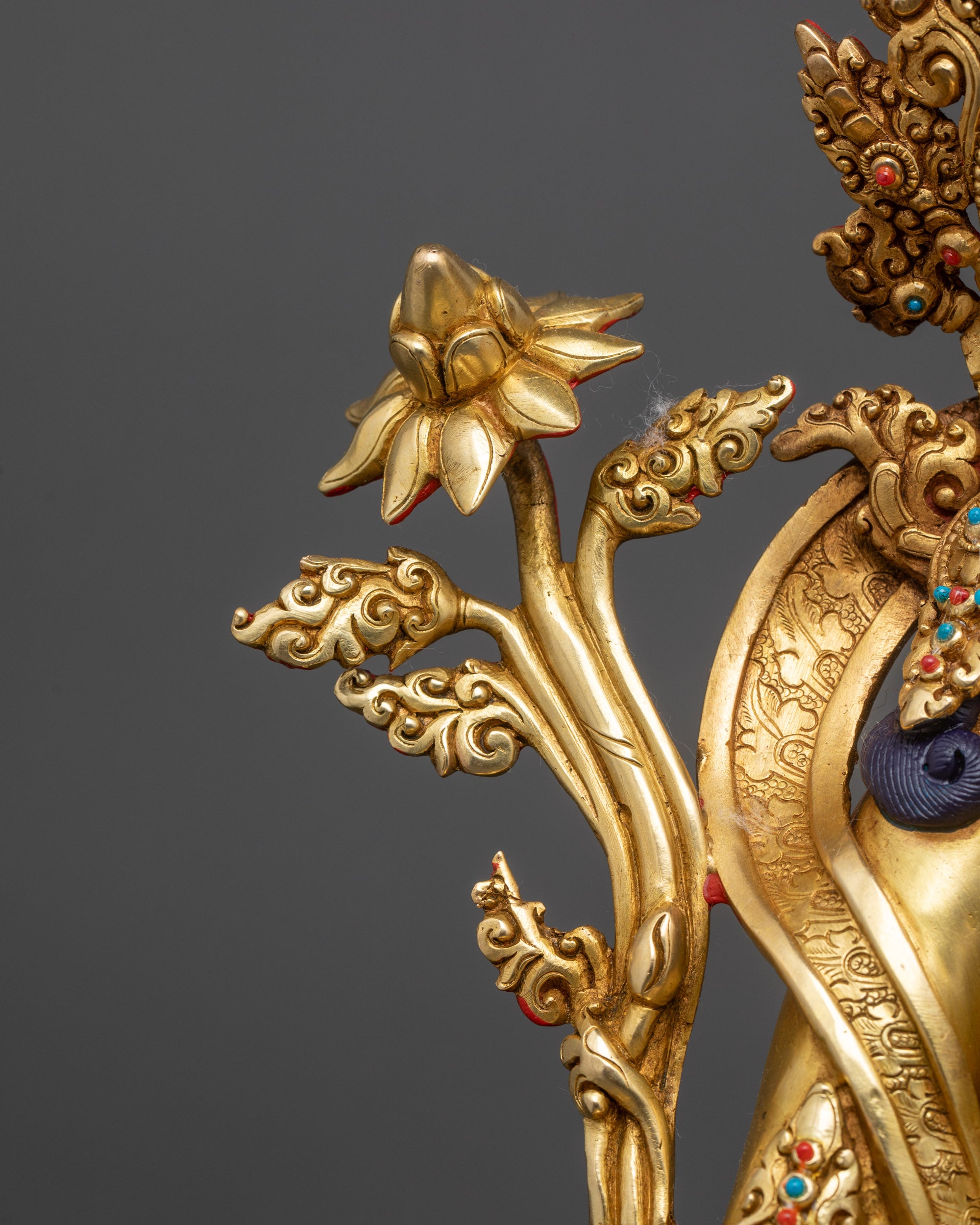 Green Tara Buddha Statue | 24K Gold Gilded with Semi-Precious Stones