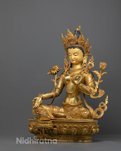 Nepalese Green Tara Statue in Traditional Lost Wax Copper