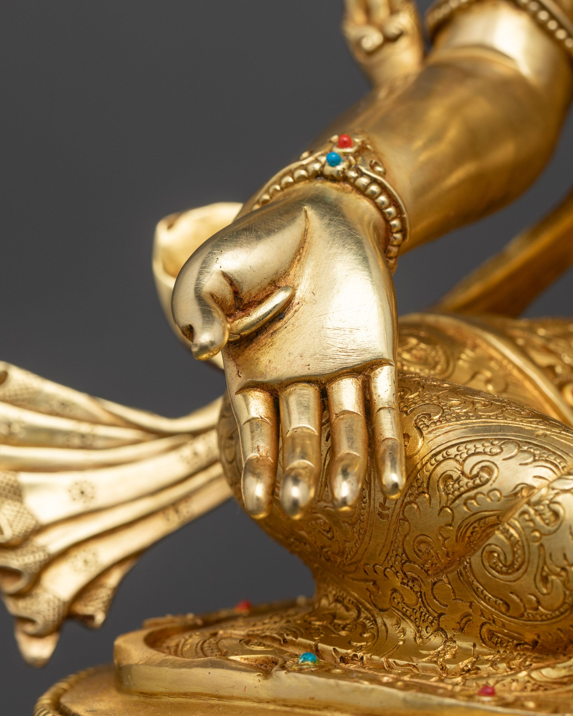 Green Tara Buddha Statue | 24K Gold Gilded with Semi-Precious Stones