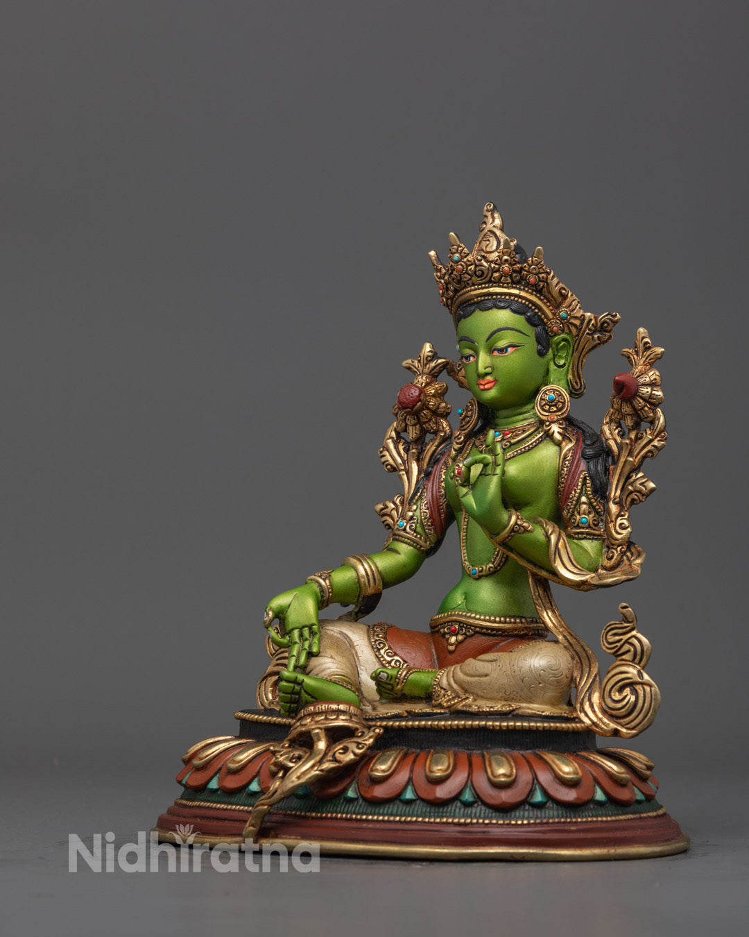 Nepalese Hand-carved Colored Green Tara Statue