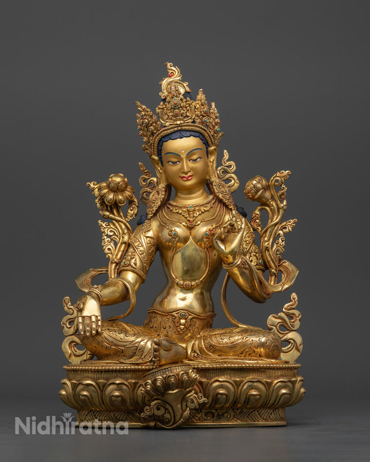 Green Tara Statue | 24K Gold Gilded Buddhist Goddess Sculpture