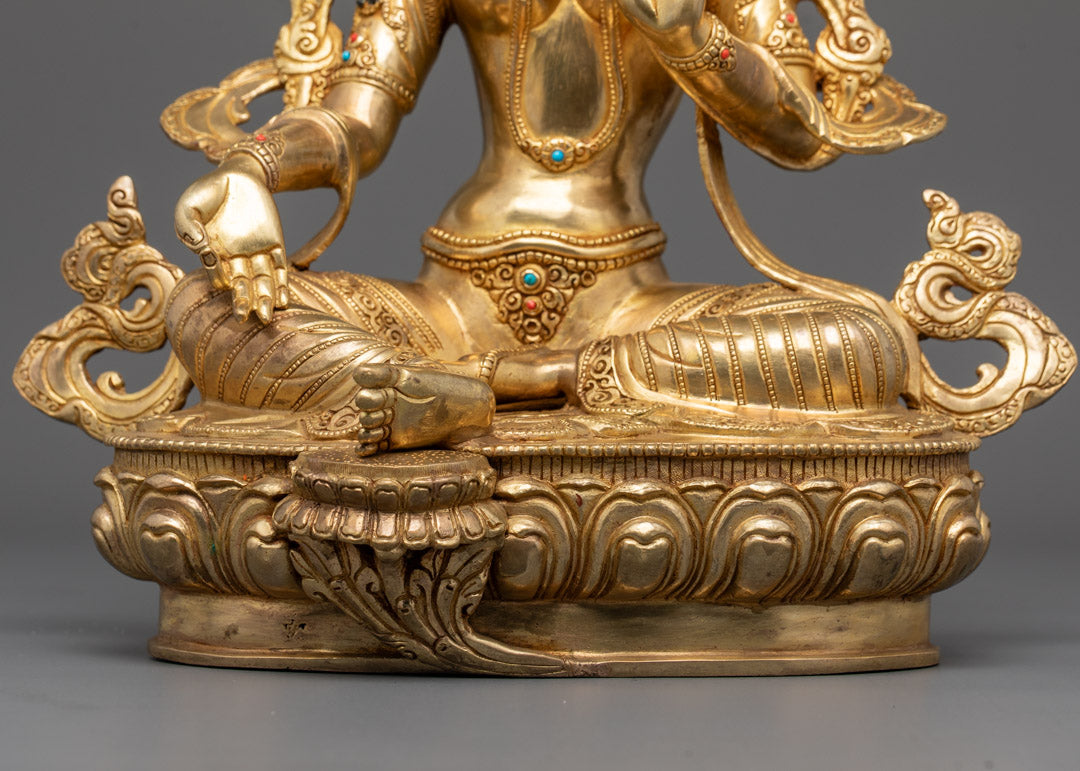 Peaceful Buddhist Green Tara Statue | 24k Gold Fire Gilded
