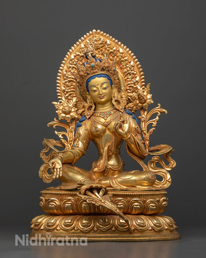 Handcrafted 24k Gold Glided Green Tara Statue with Halo|Handcrafted 24k Gold Glided Green Tara Statue with Halo